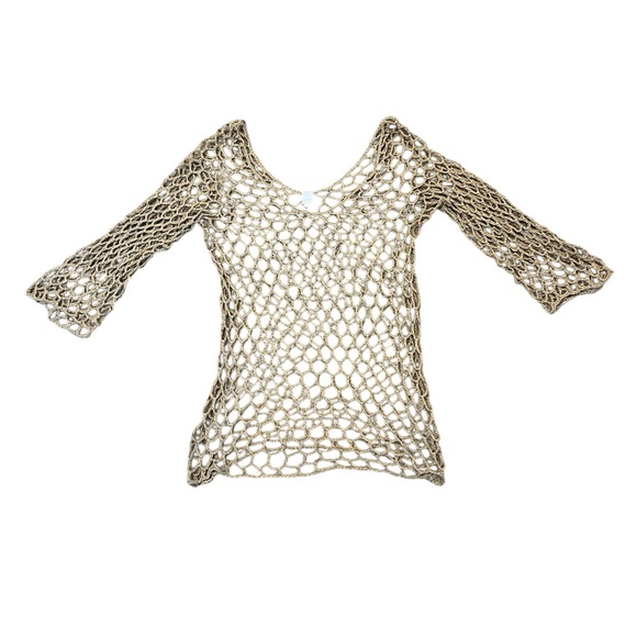 Fish Net Tan Beige Long Sleeve Top One Size - Picture 2 of 5